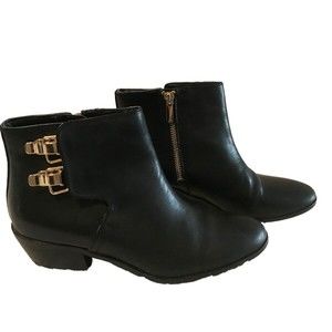 SAM EDELMAN Peter Black Leather Zip Gold Buckle Ankle  Booties Boots  6M